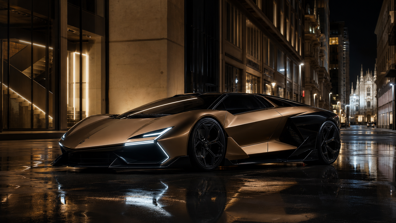 Fictional bronze electric Lamborghini-inspired grand tourer
