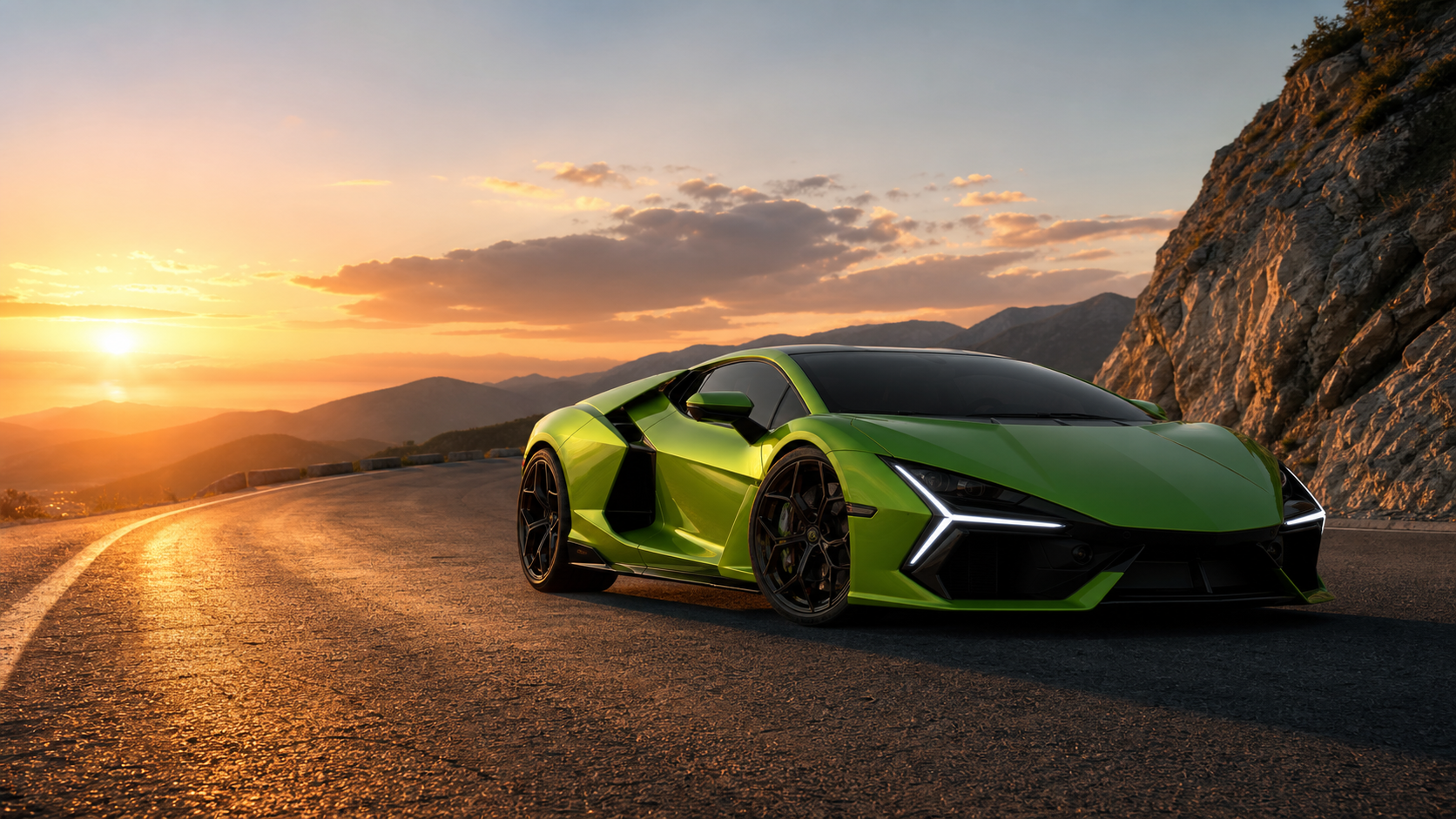 Lamborghini-inspired green supercar on a mountain road